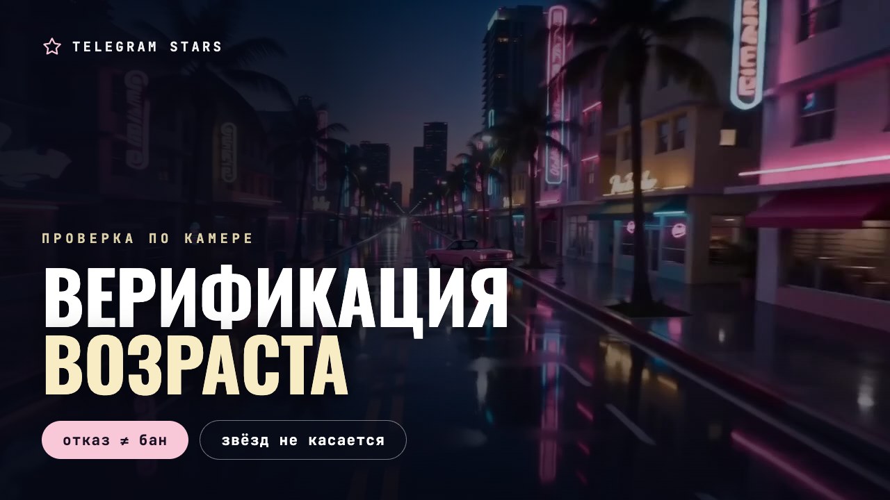 Ночная улица, светофор и неоновая вывеска, заголовок «Верификация возраста»